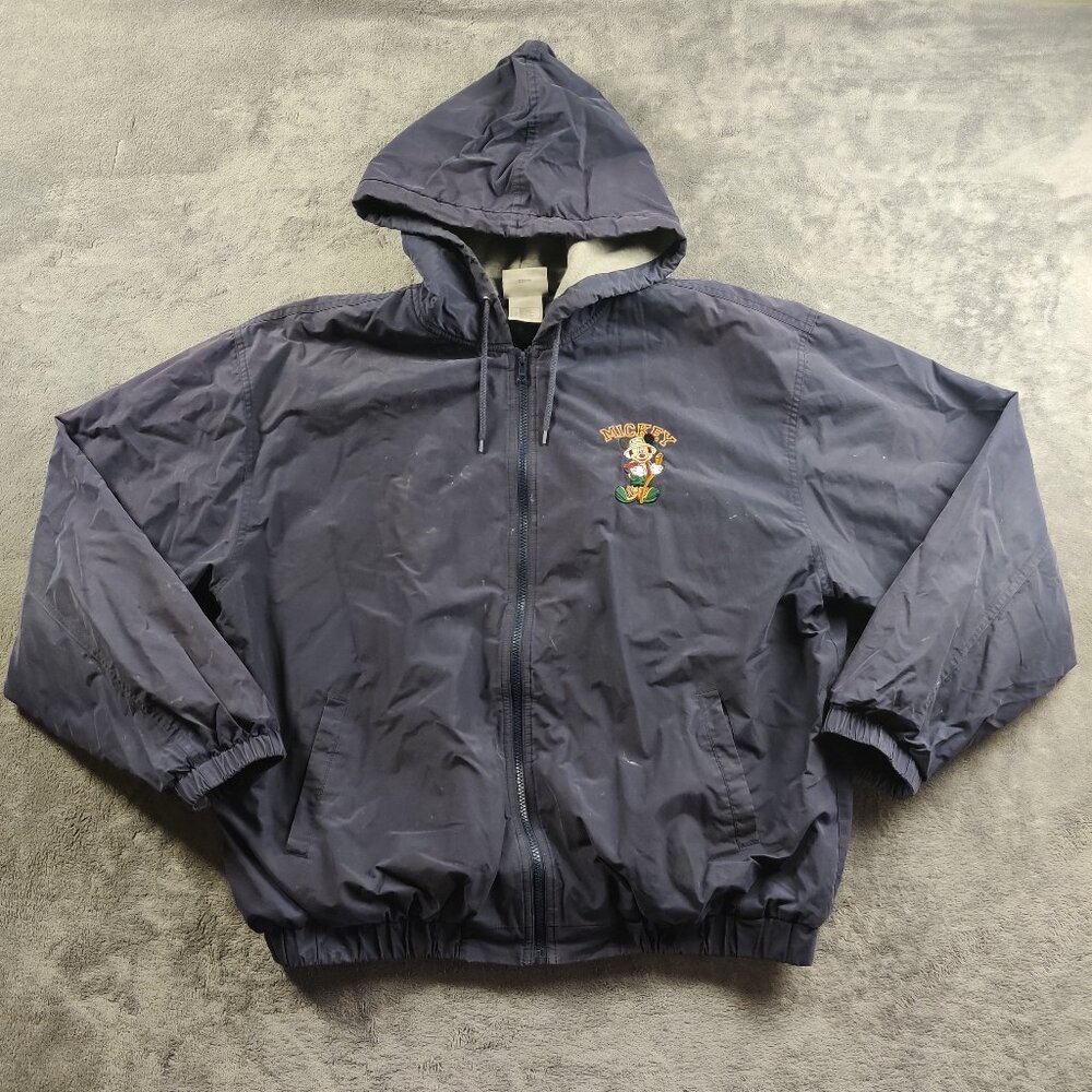 Mickey Mouse Jacket Men Large Faded Dark Blue Hooded Drawstring Puffer Embroider